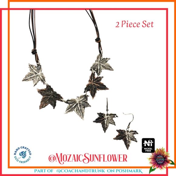 Artisan Crafted Brown Leather Hypoallergenic Maple Leaf Necklace & Earrings Set - Picture 1 of 4